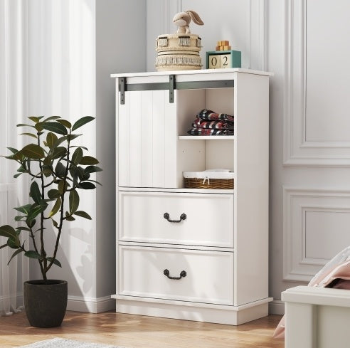 NEW 51'' Farmhouse Drawer Chest With Sliding Door, Multi-Storage Drawer Dresser With 5 Drawers And Storage Shelf, Tall Chest Of Drawers With Adjustable Shelves For Bedroom, Living Room