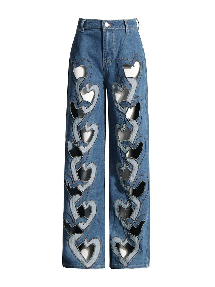 NEW High Waist Hollowed Heart Shape Wide Leg Jeans