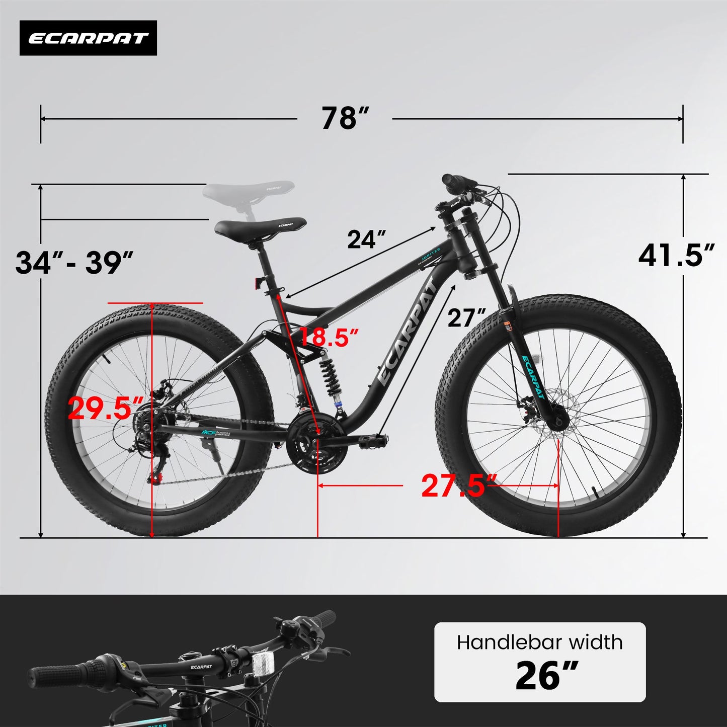 NEW A26309 26 inch Mountain Bike,Full-Suspension 21 Speeds Drivetrain with Disc-Brake MTB Bicycle, 26*4' Fat tire Bike for Men