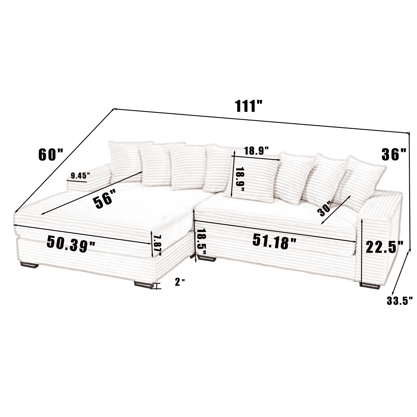 NEW Oversized Two-Piece Couches, L Shaped Sofa, Corduroy, Left Chaise Daybed,with Armrests,Eight Throw Pillows,Corner Sofa,Easy To Assemble, Beige