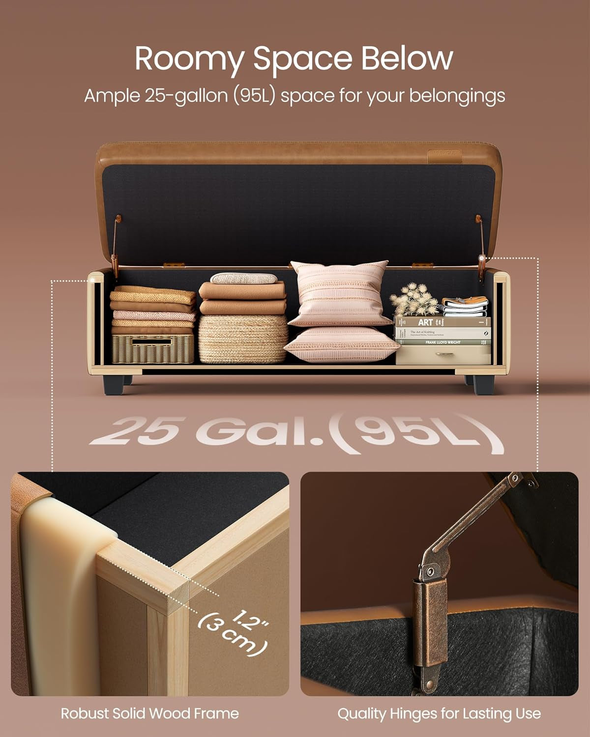 NEW Caramel Brown 25 Gallon Large Capacity Storage Ottoman