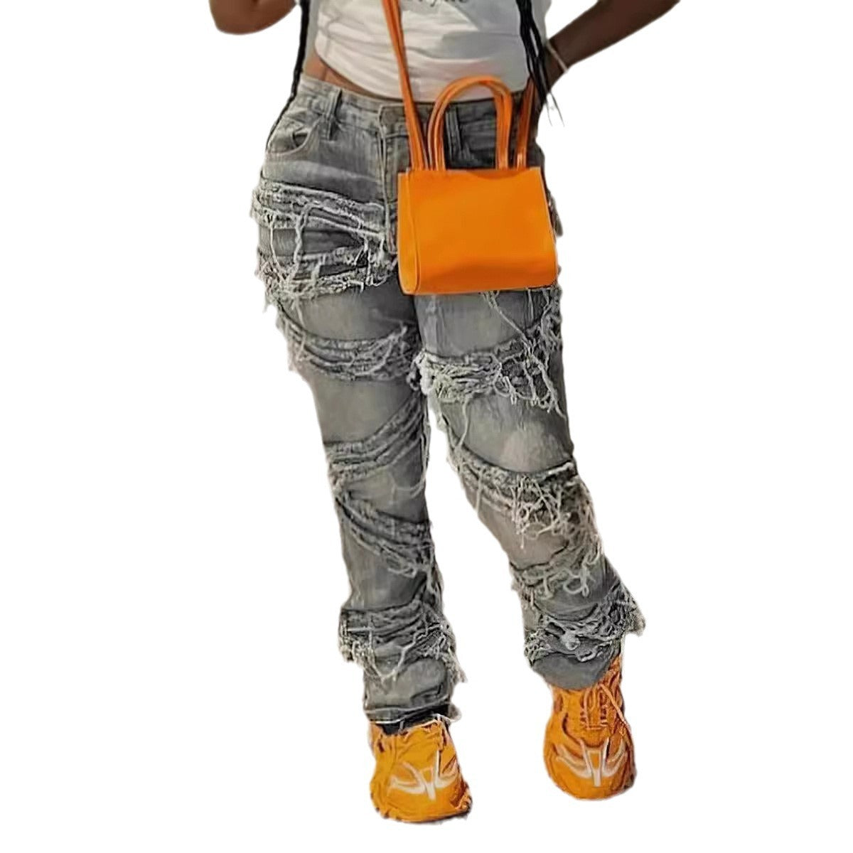 NEW Laminated Ripped Washed Straight Tassle Fashion Casual Jeans