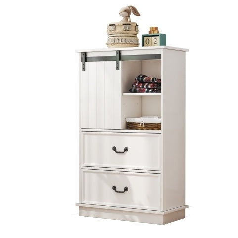 NEW 51'' Farmhouse Drawer Chest With Sliding Door, Multi-Storage Drawer Dresser With 5 Drawers And Storage Shelf, Tall Chest Of Drawers With Adjustable Shelves For Bedroom, Living Room
