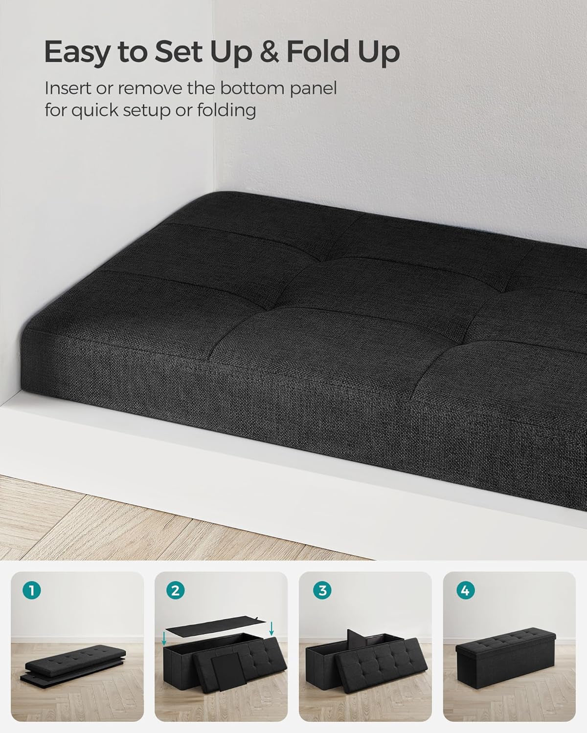 NEW Ink Black 43 Inches Super Ultra Foldable Storage Ottoman