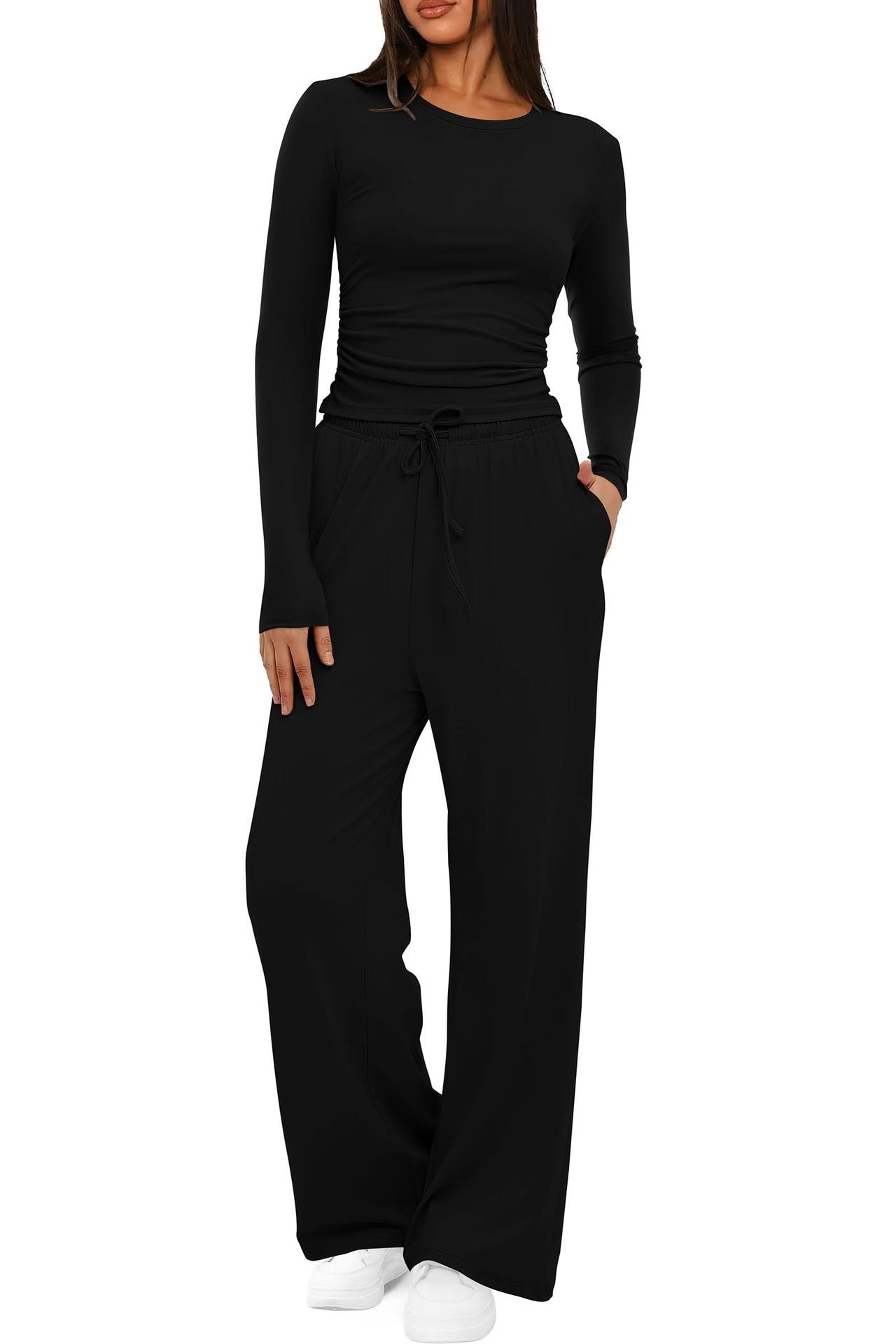 New 2 Pieces Women's Suit Autumn Winte Long Sleeve Tops High Waisted Wide Leg Pants Sportswear Female Clothes Solid Color Casual Suit