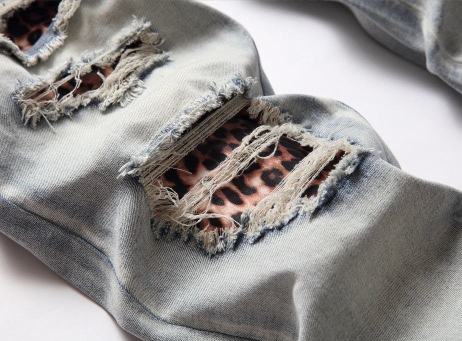 NEW Men's Light Color Damage Patch Worn Jeans