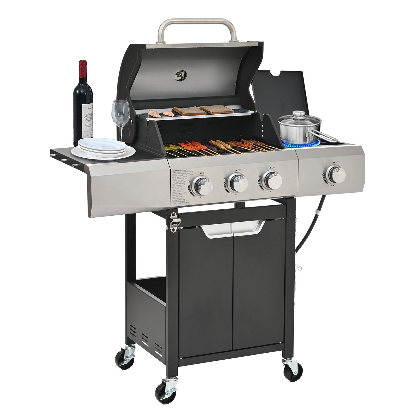 NEW Outdoor BBQ Burner Grill Stainless Steel Gas Grill With Side Stove And Lid