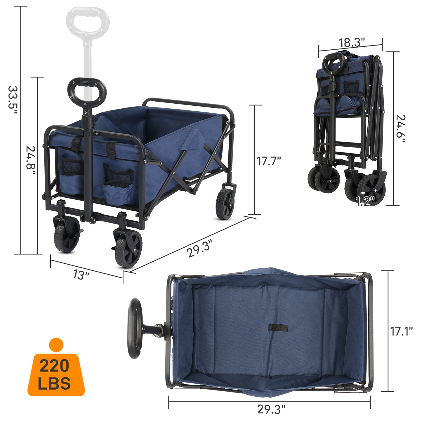 NEW 220 lb Blue Fabric Black Frame 600D Oxford Cloth Steel Frame Small Wheels Garden Folding Cart