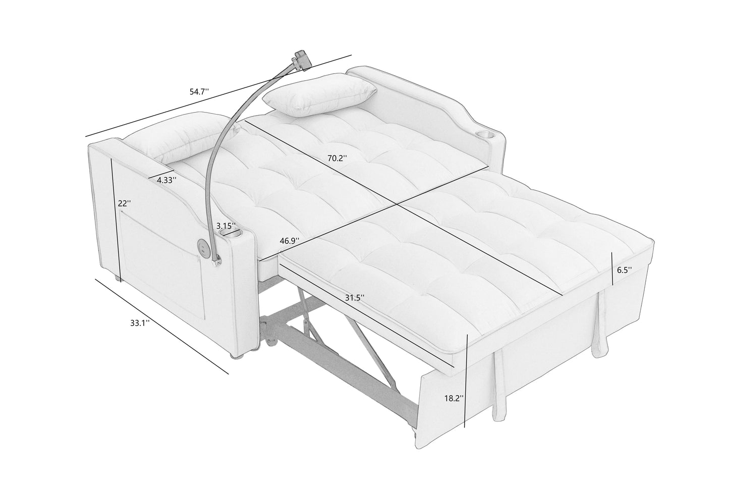 NEW 1 multifunctional foldable sofa bed in 3 different lengths, modern sofa, upgraded suede fabric, adjustable backrest, with USB port, ashtray, and rotating telephone stand