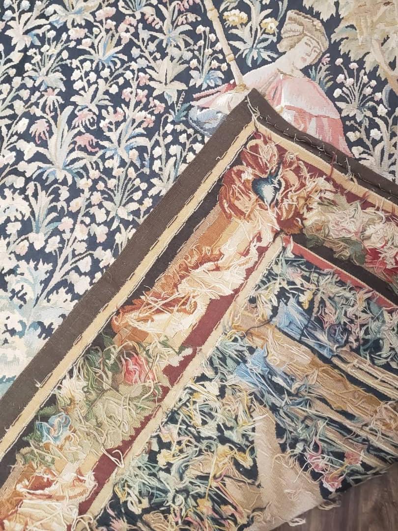 USED Vintage European Tapestry 5.4 x 7.11, Antique Style European Wall Hanging, Aubusson Weave Handmade Tapestry, Courtship Dating Scene, Animals