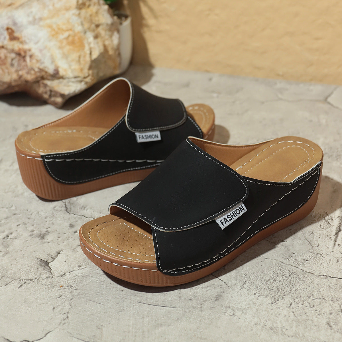 NEW Summer Wedge Slides Slippers Fashion Fish Mouth Thick Bottom Roman Shoes Solid Color Beach Sandals For Women