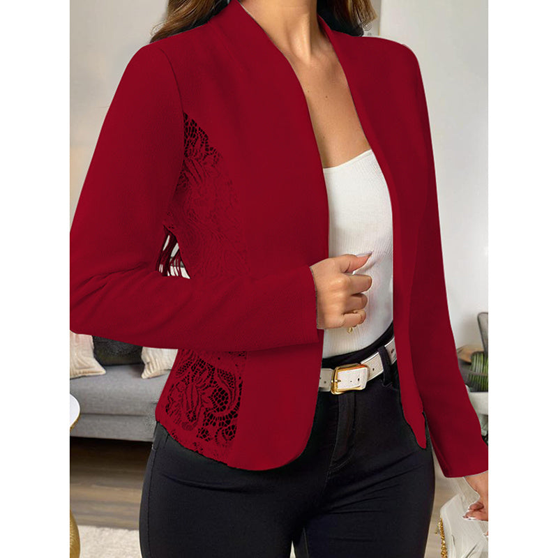 New Women's Casual Lace Contrast Open Front Cardigan Jacket Long Sleeve Work Office Suit