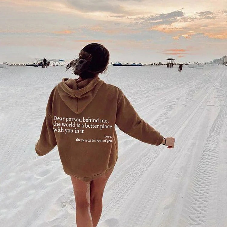 New Dear Person Behind Me,the World Is A Better Place,with You In It,love,the Person In Front Of You,Women's Plush Letter Printed Kangaroo Pocket Drawstring Printed Hoodie Unisex Trendy Hoodies