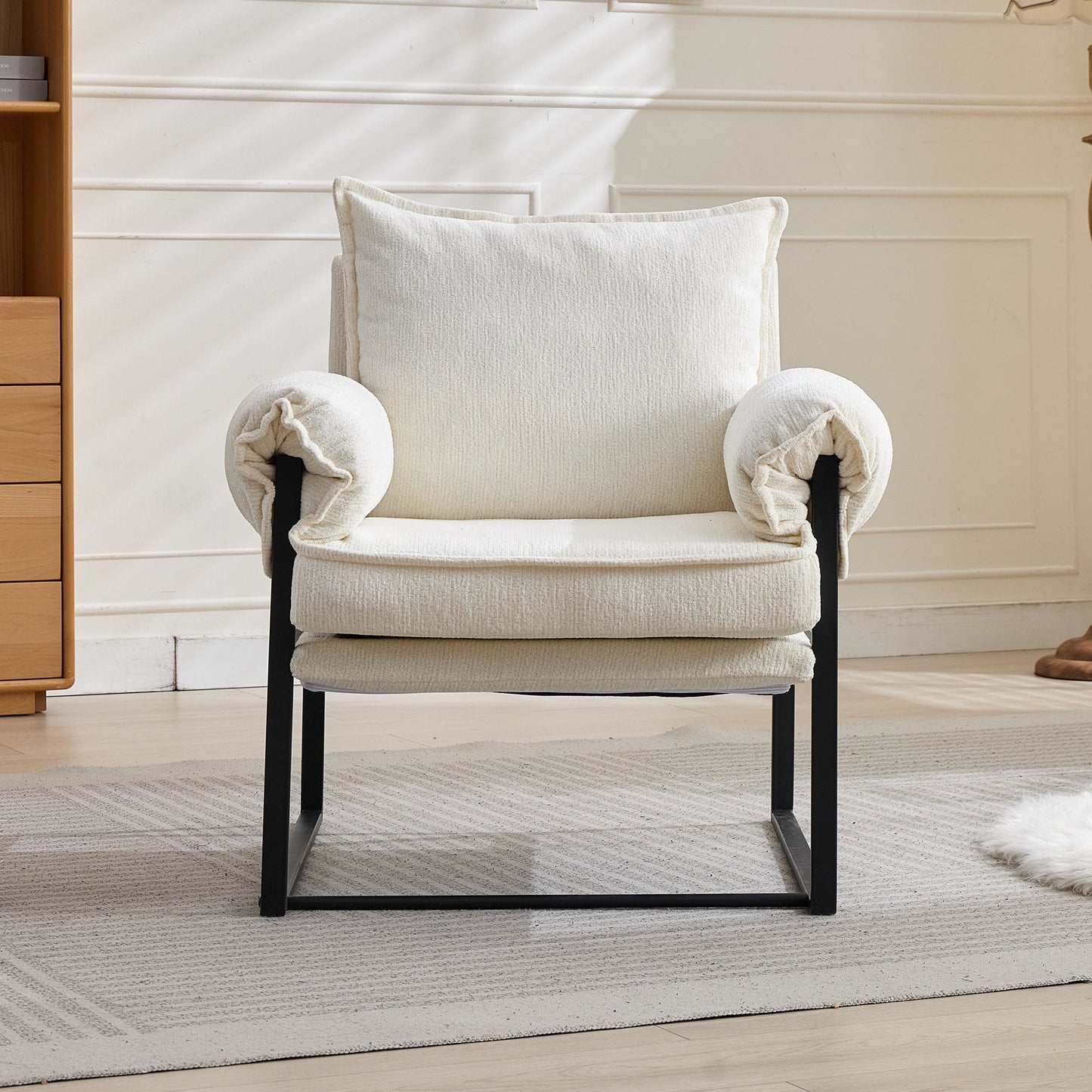 NEW Golden Leg Adjustable Frame Sofa in Creamy White Chenille, 31.5L x 28.5W x 34.7H inches
