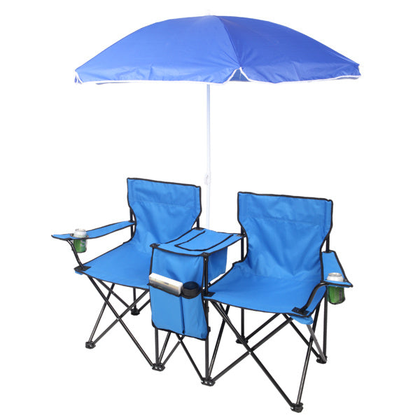 NEW Blue Outdoor Portable 2 Seat Beach Fishing Folding Chair With Umbrella