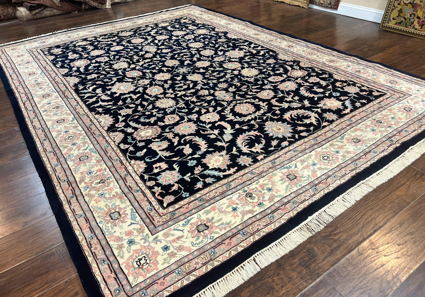 USED Indo Persian Rug 9x12, Navy Blue and Ivory/Cream, Floral Allover, Wool Vintage Handmade Carpet