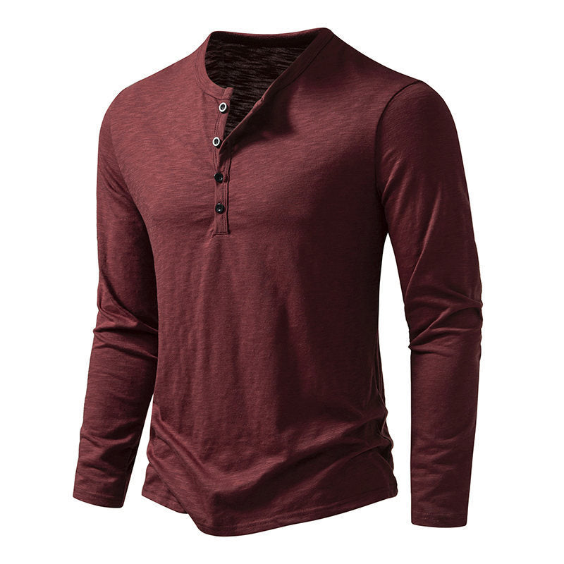New Men's Long-sleeved T-shirt Fashion Casual Solid Color Pullover Button Top Autumn And Spring Clothing
