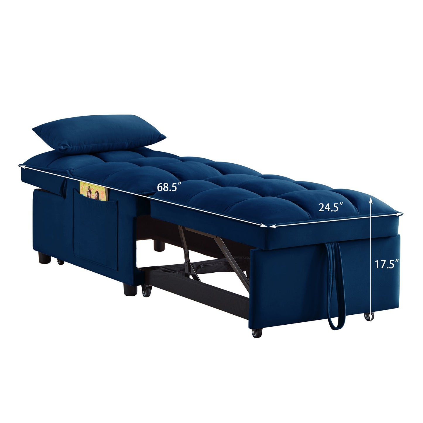 NEW 4 in1 Multi-Function Single Sofa Bed with Storage Pockets,Tufted Single Pull-out Sofa Bed with Adjustable Backrest and Pillows ,Convertible Chaise Lounge, Navy