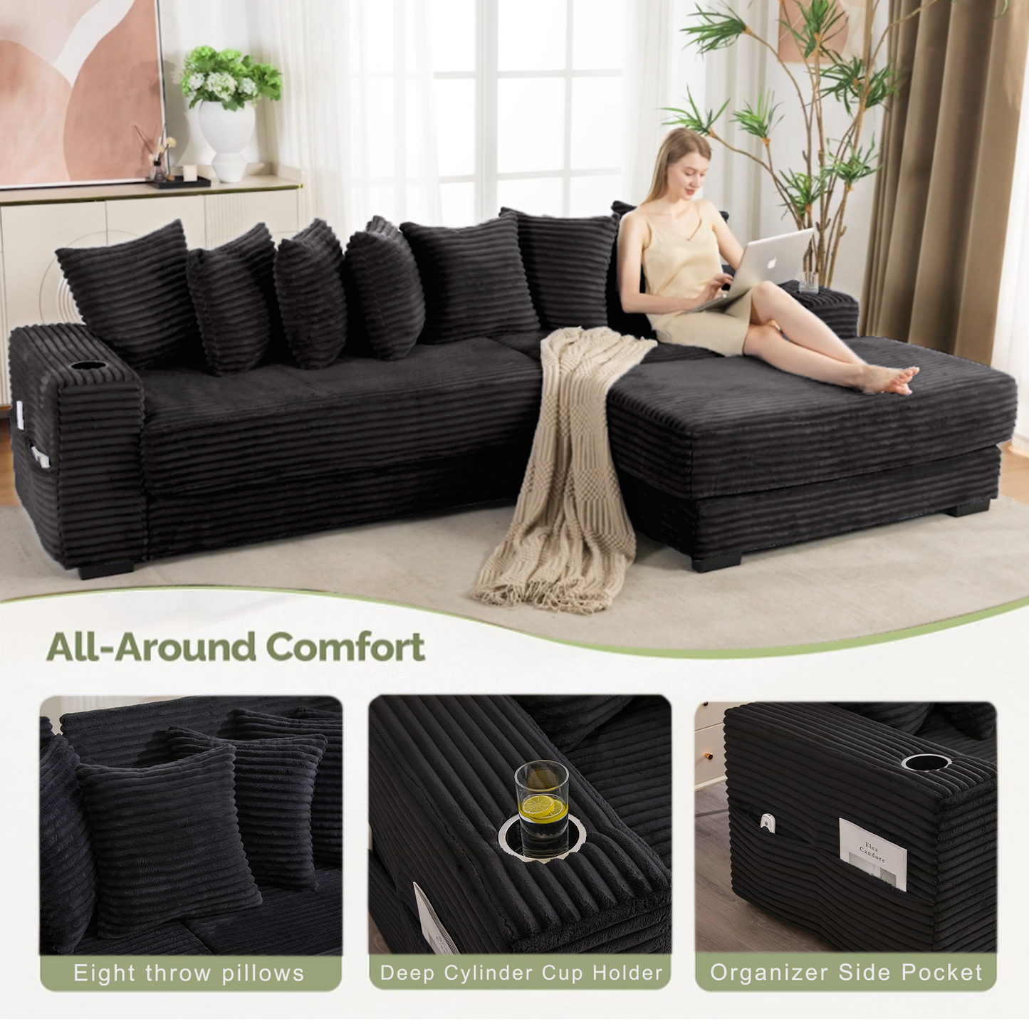 NEW Modular L Shaped Black Corduroy Fabric Sectional Sofa Couch