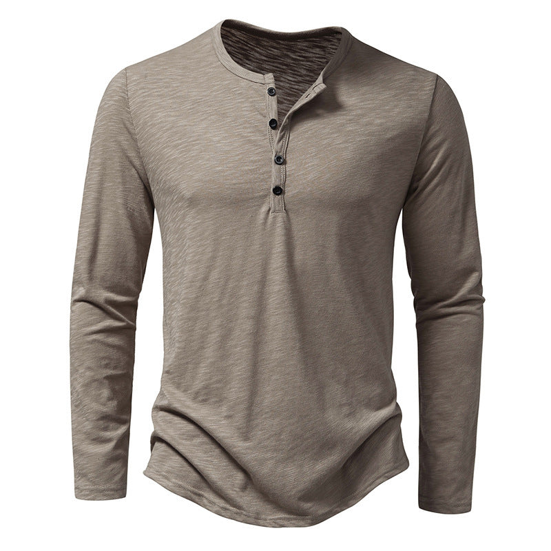 New Men's Long-sleeved T-shirt Fashion Casual Solid Color Pullover Button Top Autumn And Spring Clothing