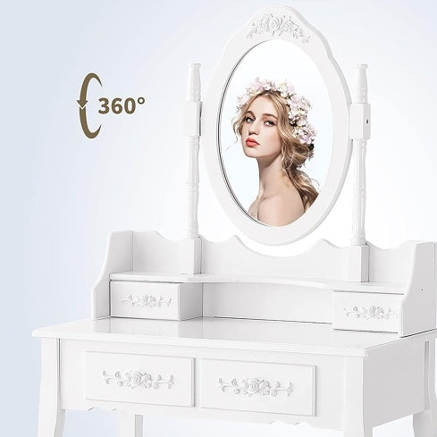 NEW Vanity Table Set With 4 Drawer, Makeup Dressing Table W Cushioned Stool, Girls Women Bedroom Furniture Set Oval Mirror