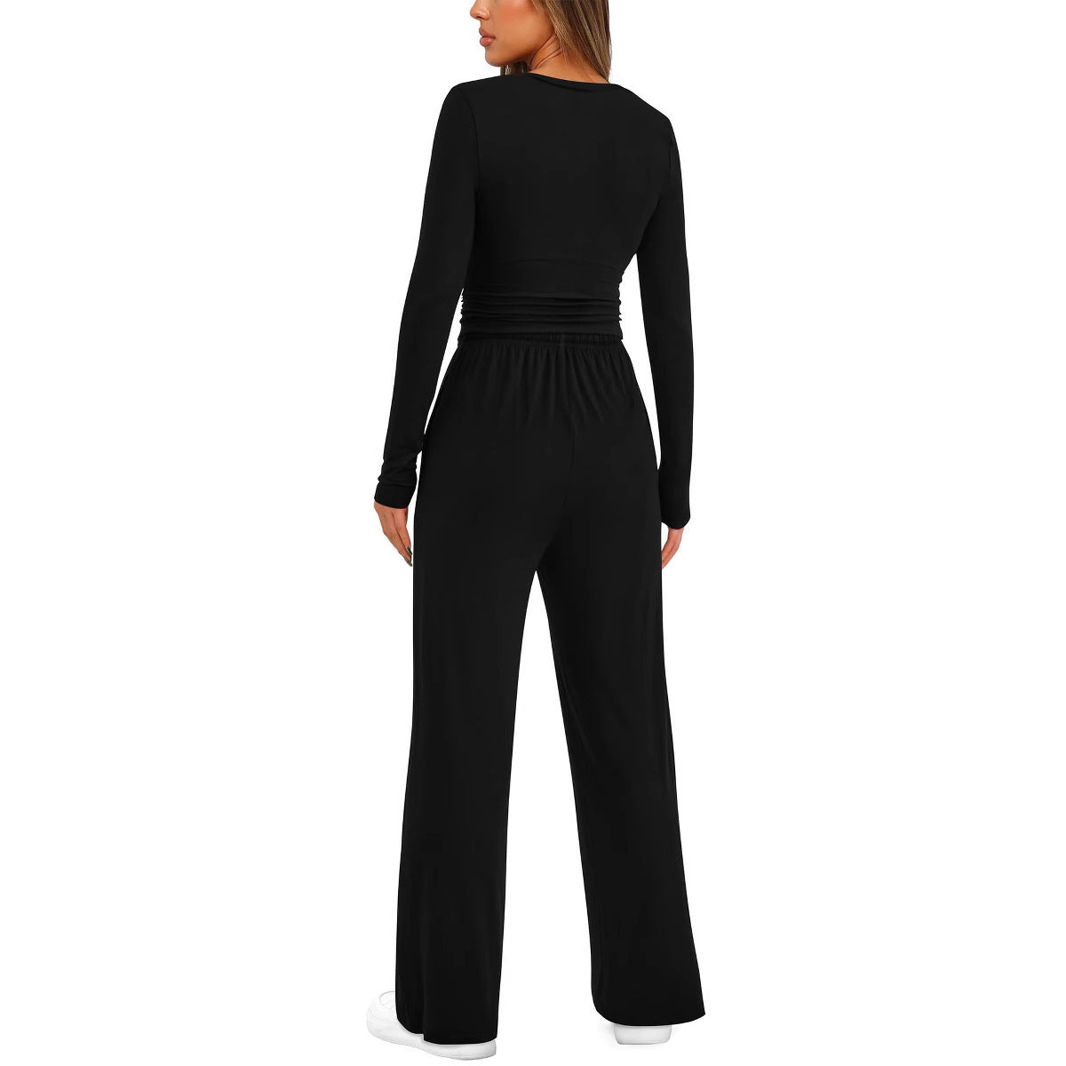 New 2 Pieces Women's Suit Autumn Winte Long Sleeve Tops High Waisted Wide Leg Pants Sportswear Female Clothes Solid Color Casual Suit