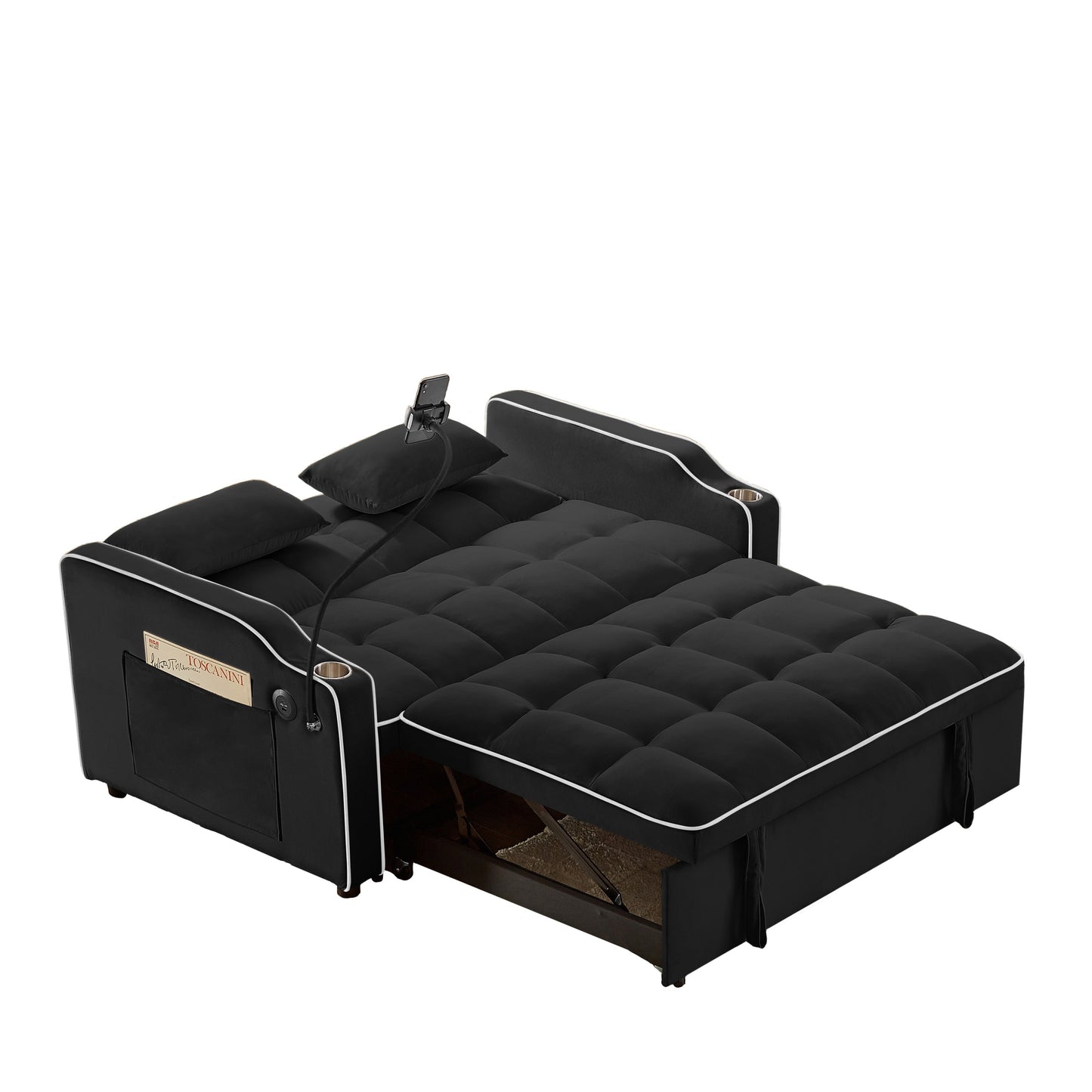 NEW 1 versatile foldable sofa bed in 3 lengths, modern sofa sofa sofa velvet pull-out bed, adjustable back and with USB port and ashtray and swivel phone stand (black)