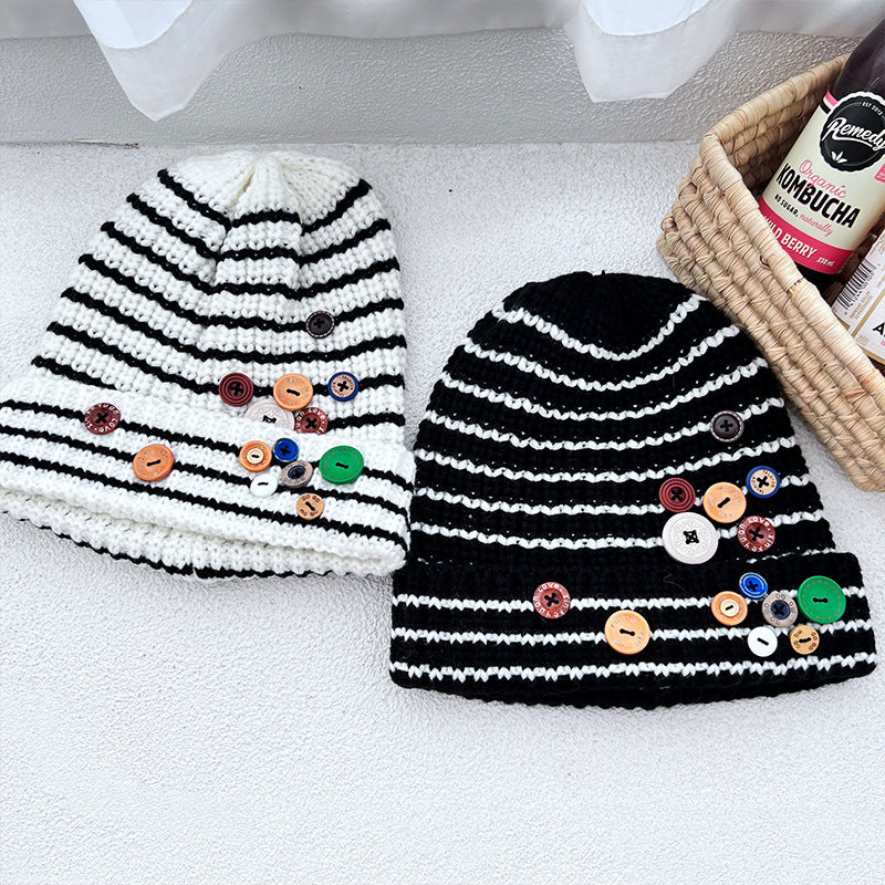 NEW Autumn And Winter Buttons Knitted Hat Warm Ear Protection All-match And Cute Pile Heap Cap