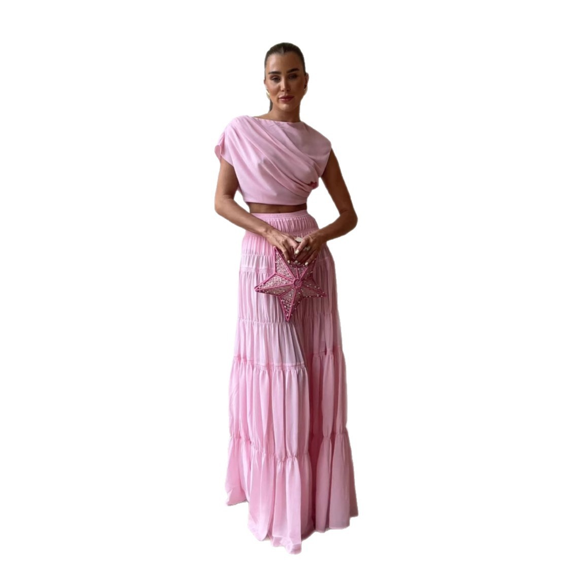 New Round Neck Pleated Jacket Patchwork Skirt Two-piece Suit