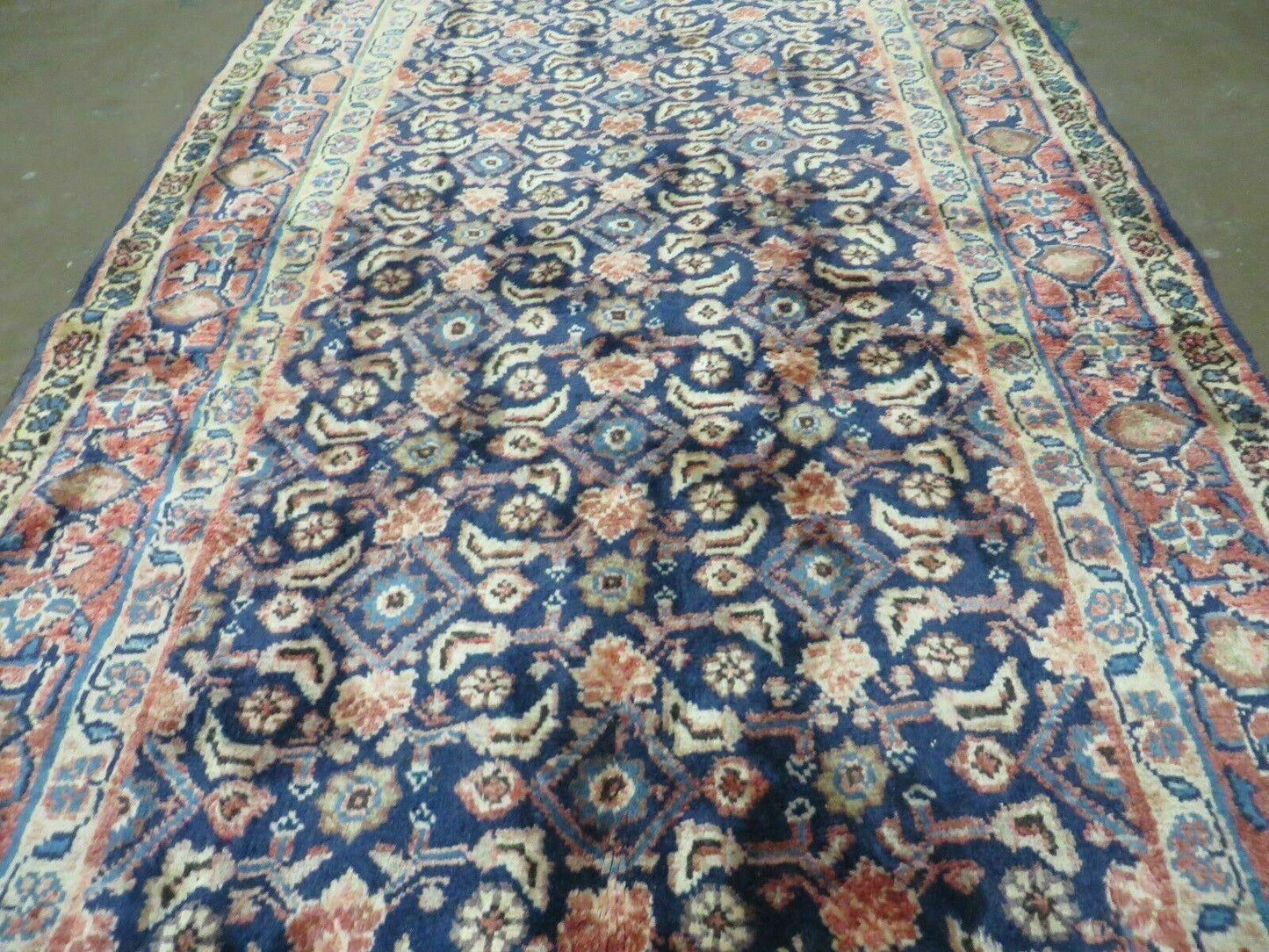 USED 3'7" X 10' Antique Handmade India Floral Oriental Wool Runner Rug Organic Blue