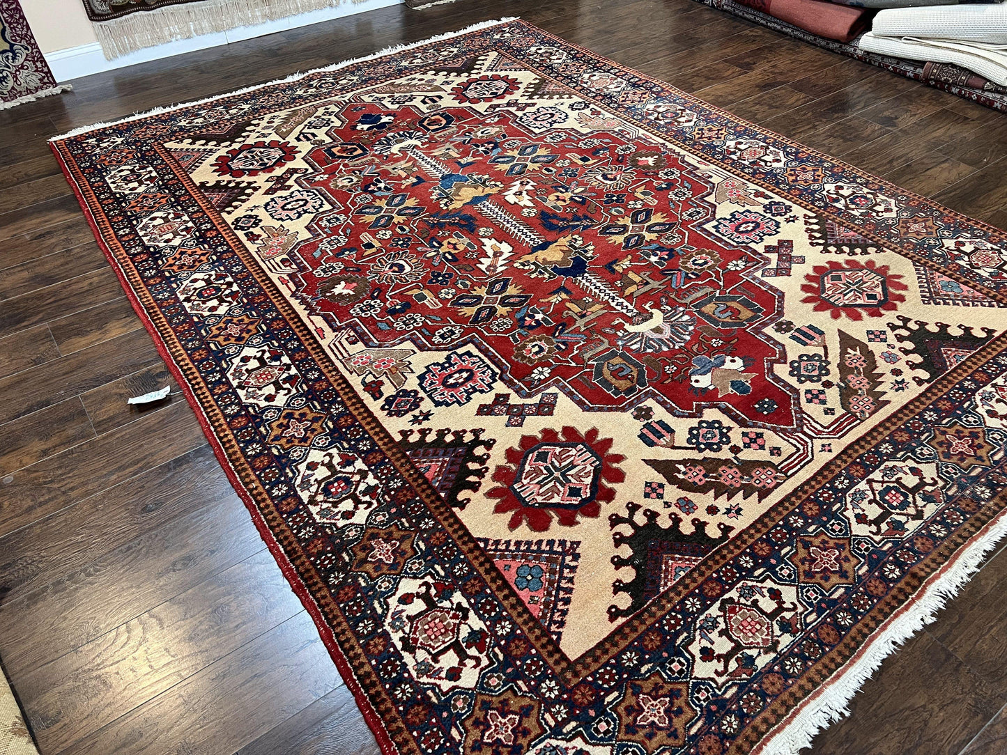 USED Antique Persian Heriz Rug 8x12 ft, Geometric Tribal Room Sized Carpet, Camel Hair Red Navy Blue, Wool Hand Knotted Medallion Oriental Carpet