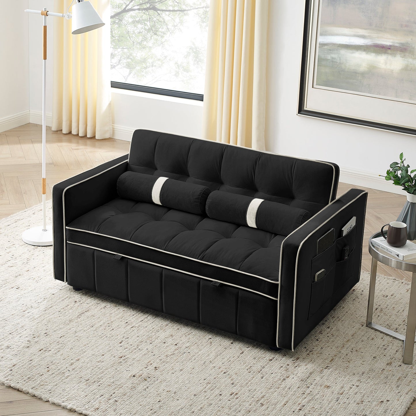 NEW Modern 55.5' Pull Out Sleep Sofa Bed 2 Seater Loveseat Sofa Couch with Side Pockets Adjustable Backrest and Lumbar Pillows