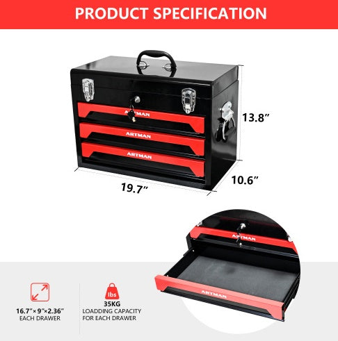 NEW 20 Portable 3 Drawer Steel Tool Box With Metal Latch Closure, Black Red