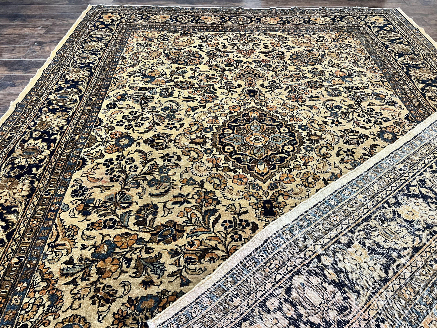 USED Antique Persian Rug 9x11, Wool Handmade 1920s Oriental Carpet, Persian Hamadan Anjelas Rug, Cream Black, Floral Allover Oriental Rug 9 x 11 Room Sized Rug