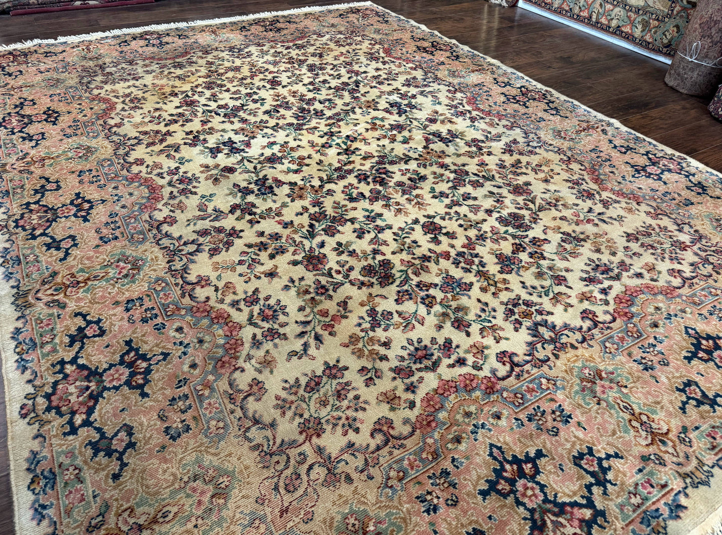USED Antique Karastan Rug 8.8 x 12 Lanamar Floral Ivory Kirman Wool Discontinued