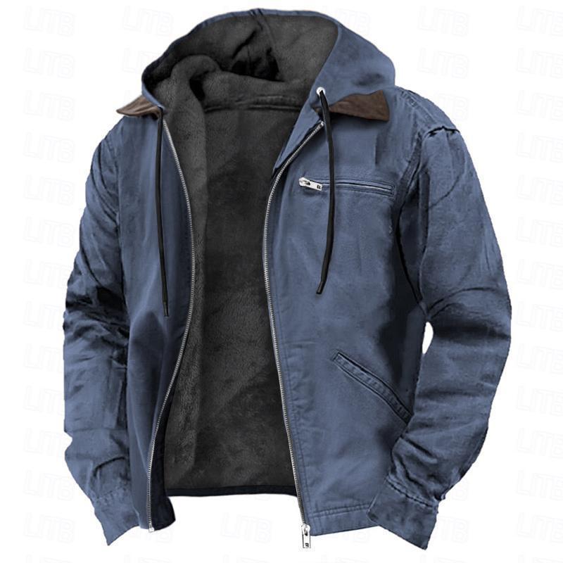 NEW Winter Hooded Coat With Pockets Fashion Warm Fleece Zip-up Jacket Casual Outwear Men's Clothing