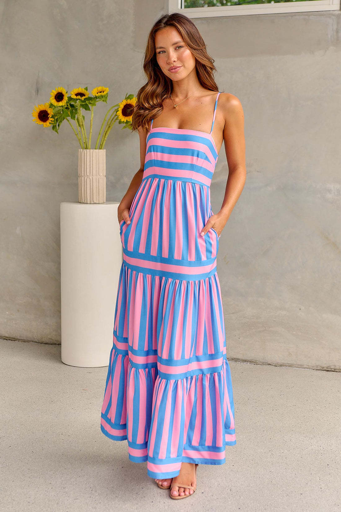 NEW Summer Striped Printed Suspender Long Dress With Pockets Fashion Square Neck Backless Dresses For Beach Vacation Women Clothing