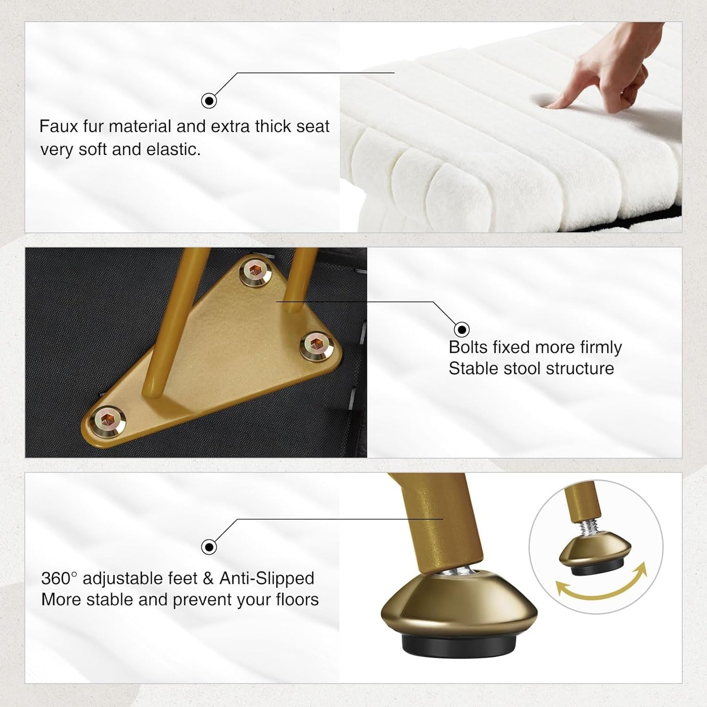 NEW White Faux-Fur Vanity Stool With Premium-Grade Stowable-Storage