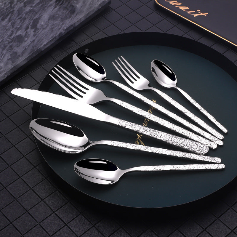 NEW Embossed Black Rose Gold Textured Handle Steak Western Spoon Knife Fork Dinnerware Tableware Set