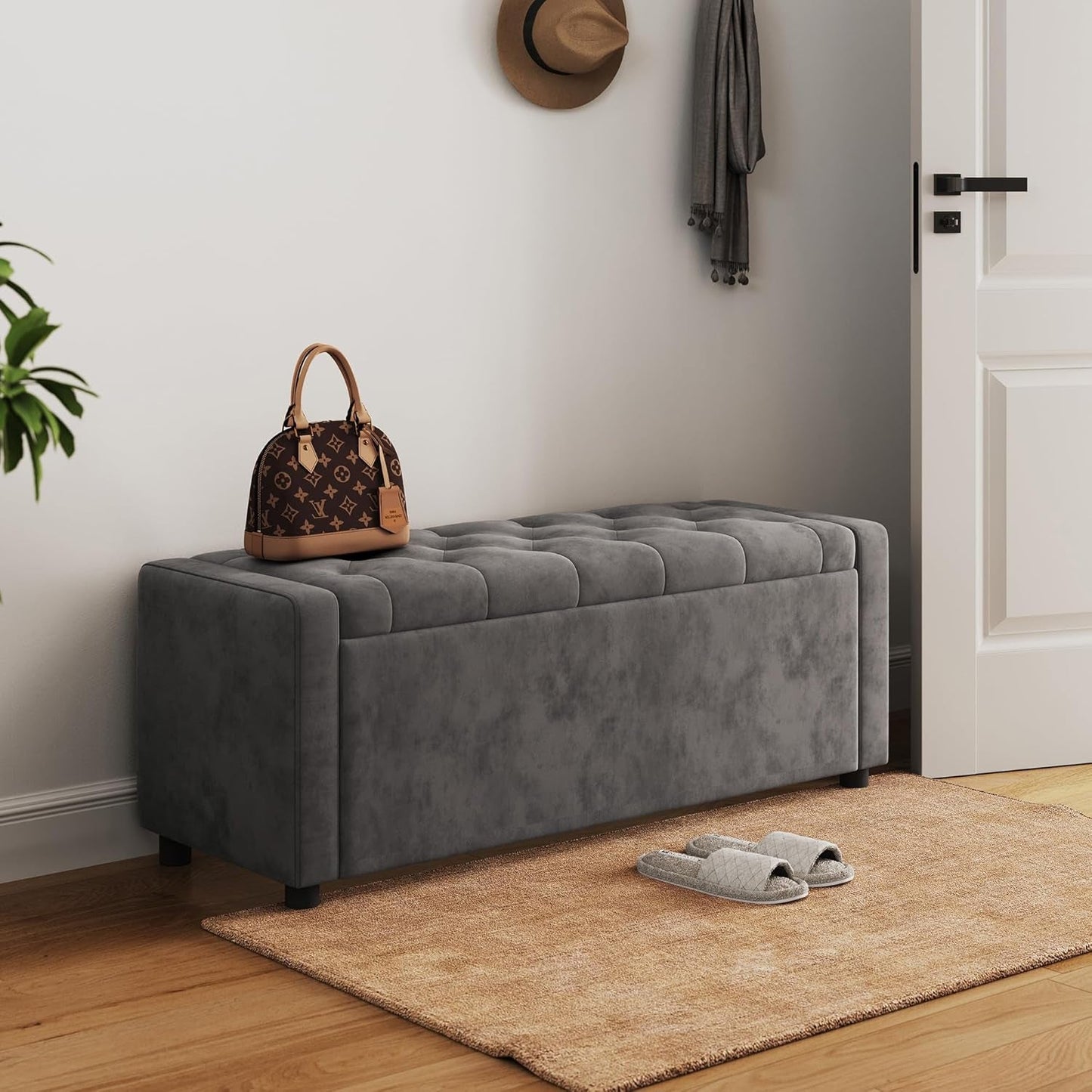 NEW 50 Inch Grey Luxurious Upholstered Storage Ottoman