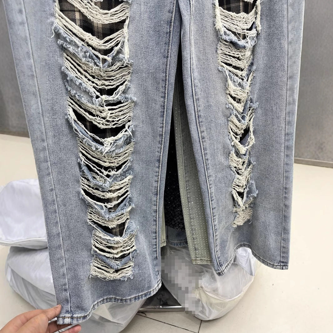 NEW Blue With Holes Design Straight Jeans