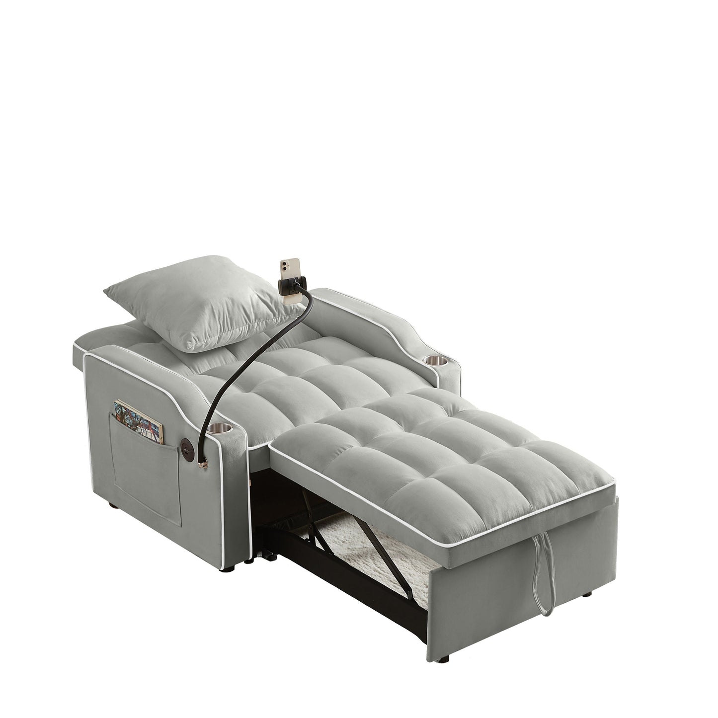 NEW 3-in-1 Grey Velvet Convertible Adjustable Pull Out Sleeper Chair Sofa Bed with Multi-Pockets