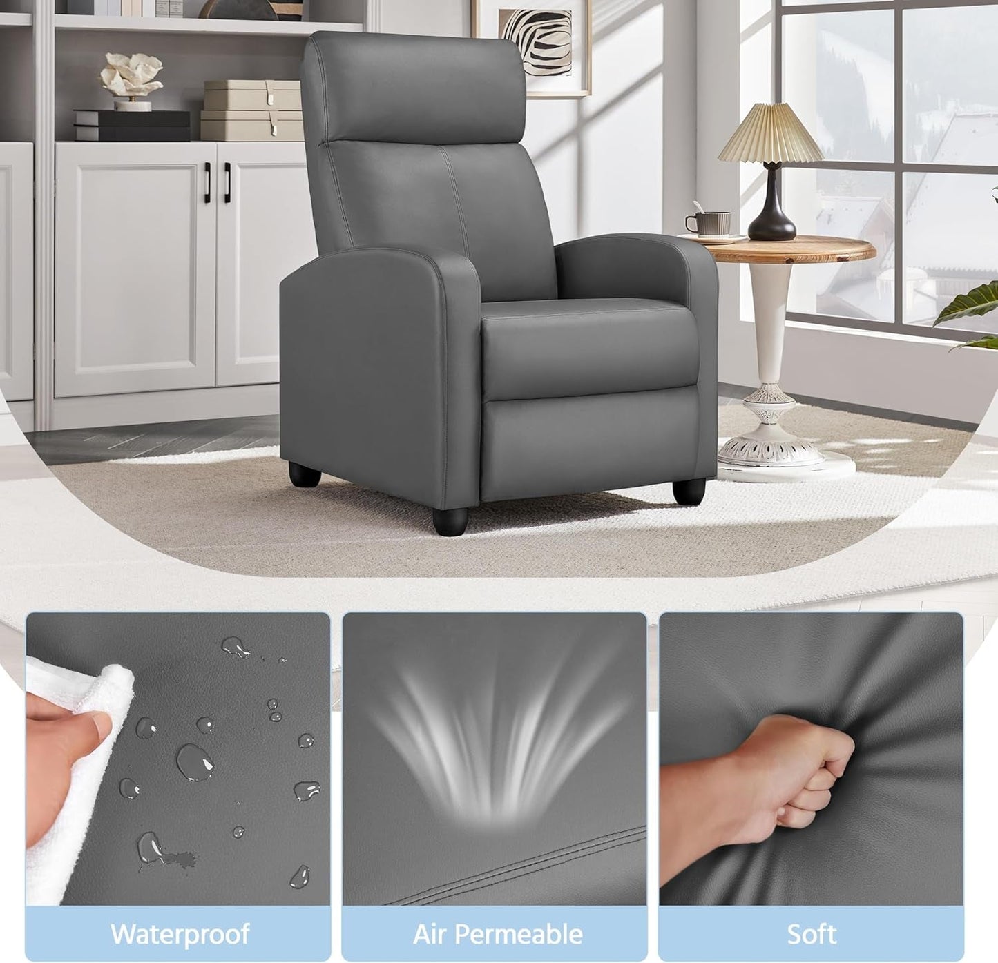 NEW Gray PU Leather Recliner Chair With Lumbar Support