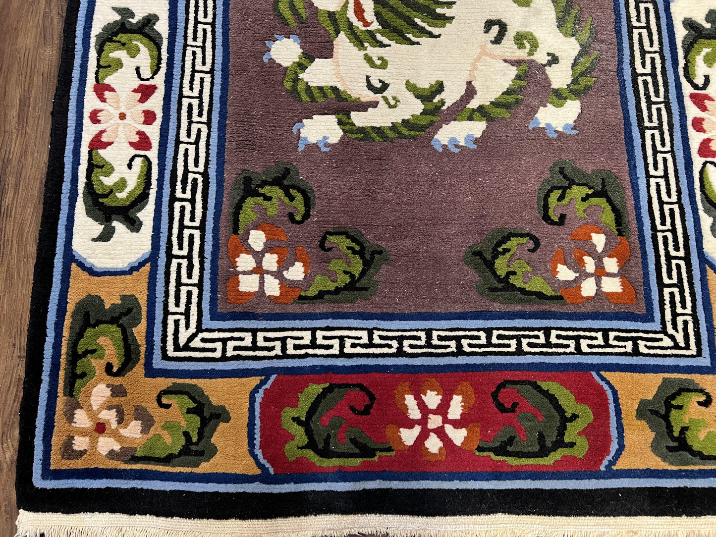 USED Chinese Art Deco Rug 3 x 5.5 with Animal Pictorials, Vintage Chinese Peking Wool Area Rug, Dark Puce Maroon Ivory, Hand Knotted Soft Carpet