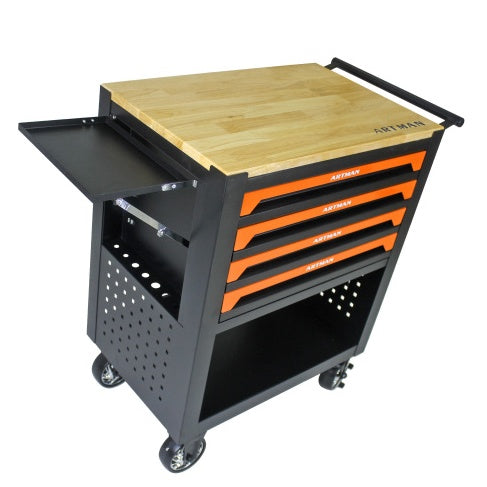 NEW Black Orange 4 Drawer Multi-Functional Tool Cart with Wheels and Wooden Top