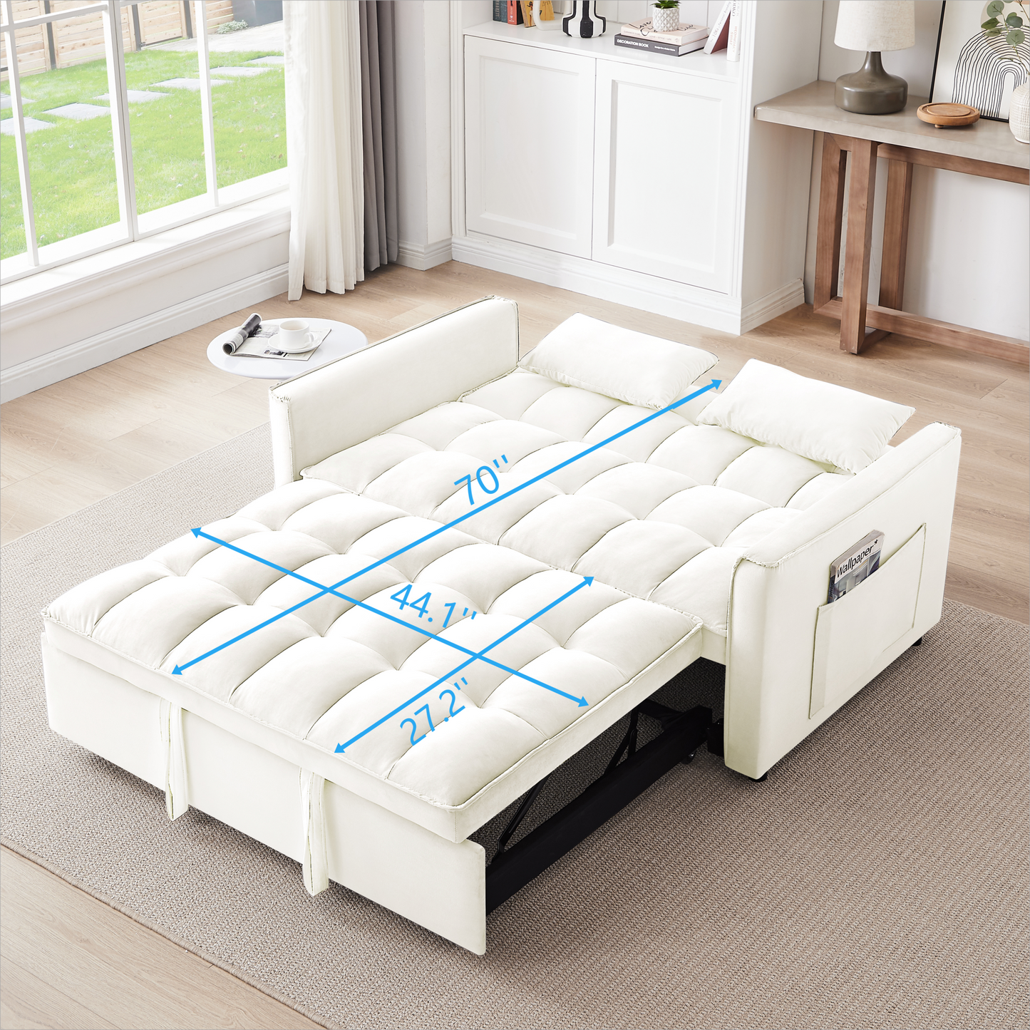 NEW 55.1-inch 3-in-1 Off White Convertible Modern Velvet Double Sofa Futon Bed with Adjustable Back Storage Bag and Pillow