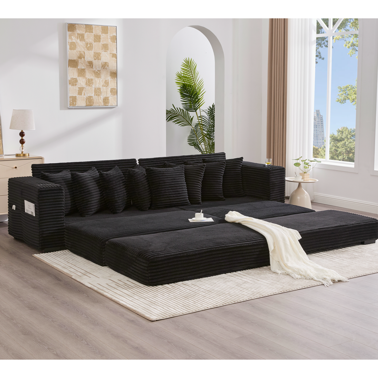 NEW Modular L Shaped Black Corduroy Fabric Sectional Sofa Couch