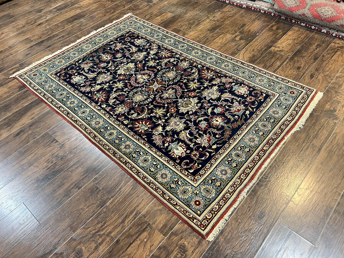 USED Blue Persian Qum Rug 5x7, Very Fine and Wonderful Authentic Persian Carpet, Wool Hand Knotted Vintage Semi Antique Oriental Rug, Floral, Ghom Qom Rug