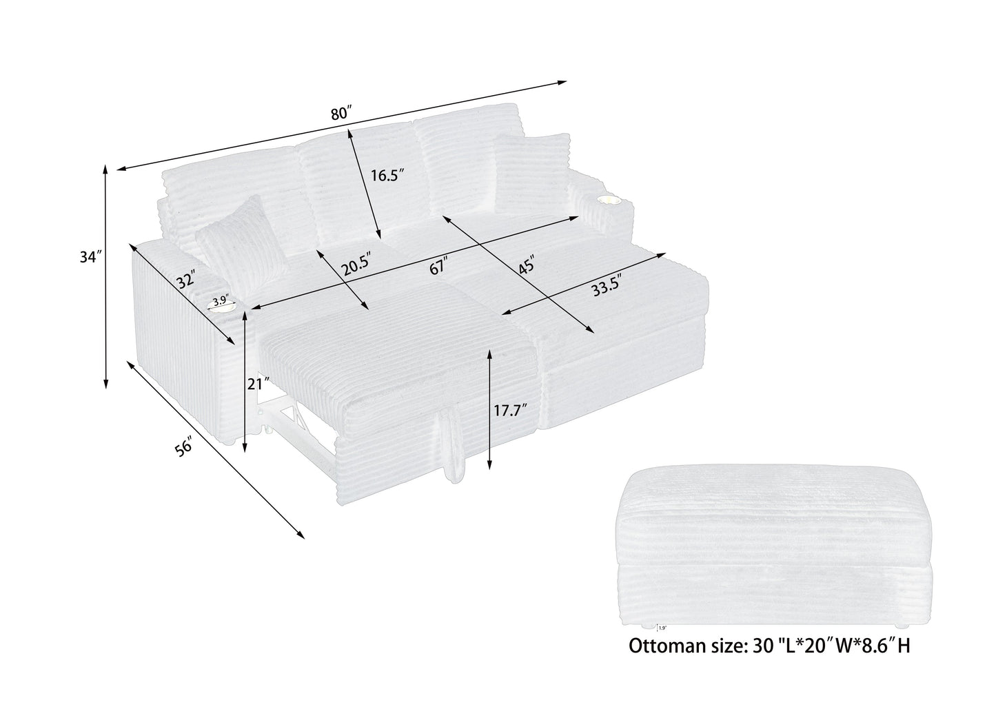 NEW 80' Corduroy Multi-Function Sofa with Hidden Reclining, Space Saving Design, Armrests, Cup Holders and Removable Footstool, Black