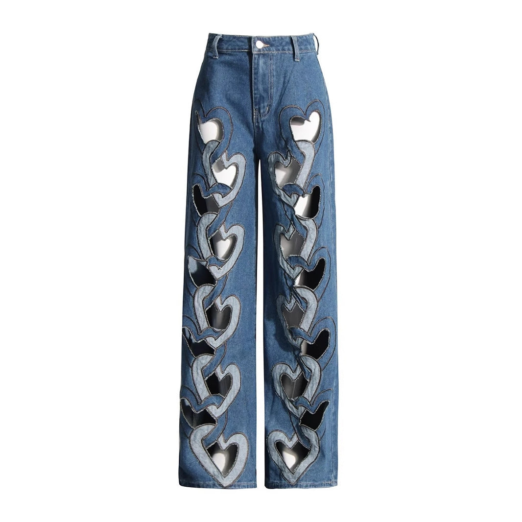 NEW High Waist Hollowed Heart Shape Wide Leg Jeans